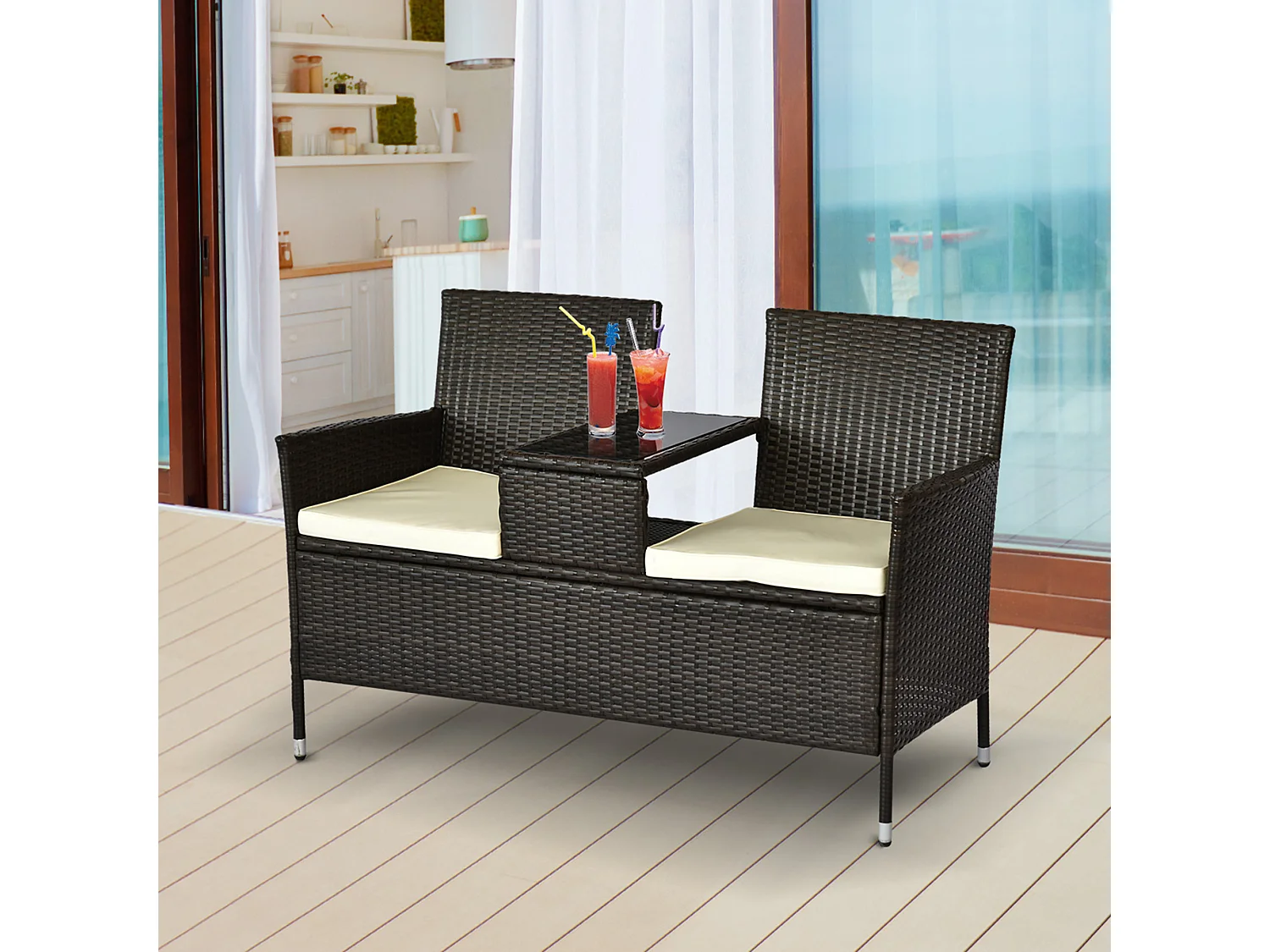 Banc de jardin design contemporain 133L x 63l x 84H cm banc double chaise avec coussins assise + tablette intégrée résine tressée chocolat polyester crème