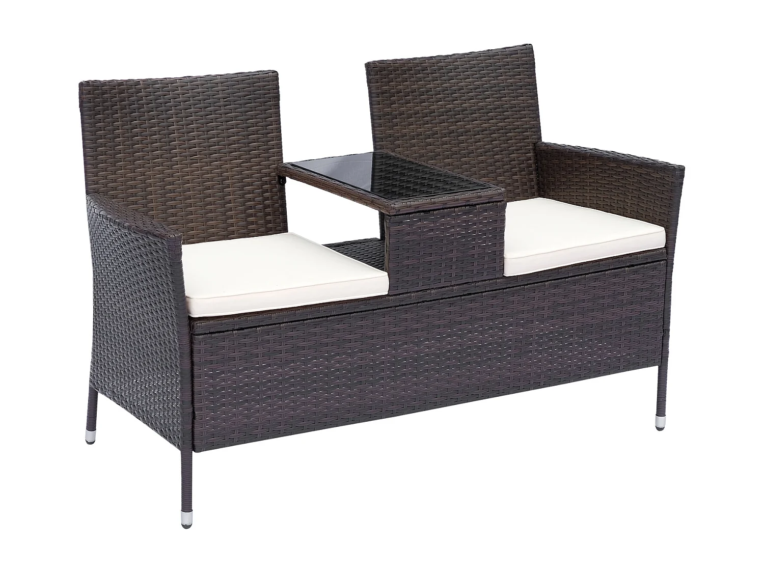 Banc de jardin design contemporain 133L x 63l x 84H cm banc double chaise avec coussins assise + tablette intégrée résine tressée chocolat polyester crème