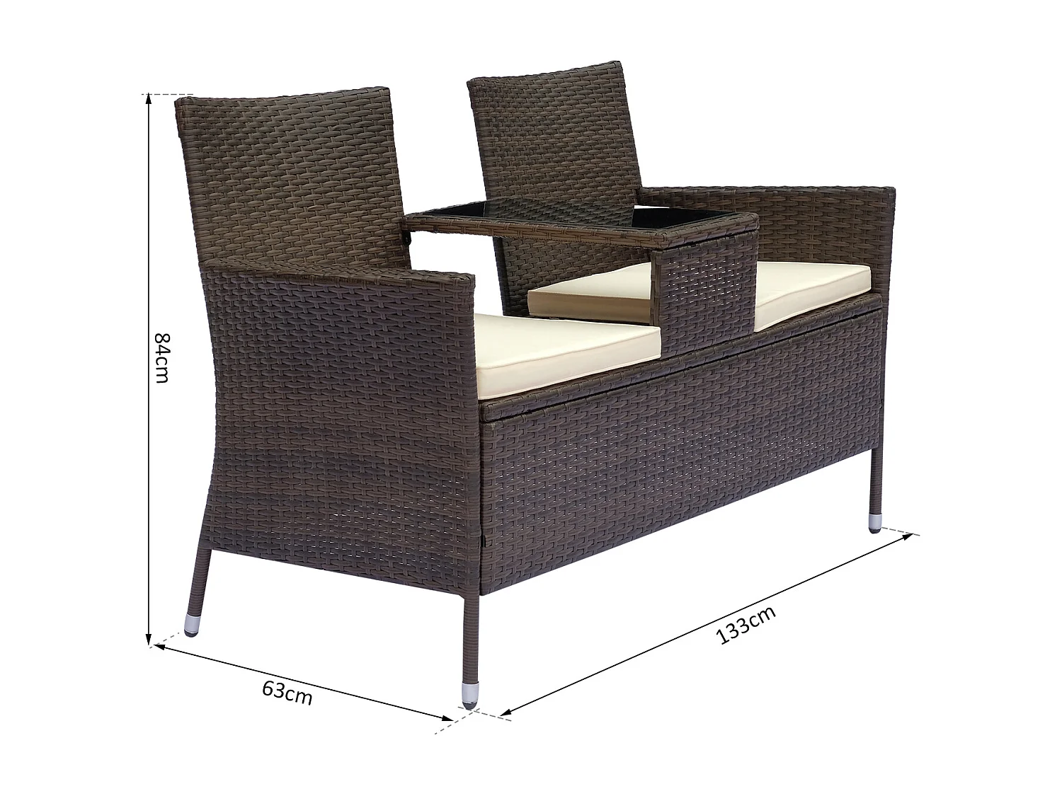 Banc de jardin design contemporain 133L x 63l x 84H cm banc double chaise avec coussins assise + tablette intégrée résine tressée chocolat polyester crème