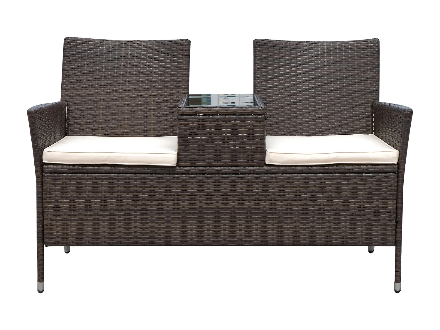 Banc de jardin design contemporain 133L x 63l x 84H cm banc double chaise avec coussins assise + tablette intégrée résine tressée chocolat polyester crème