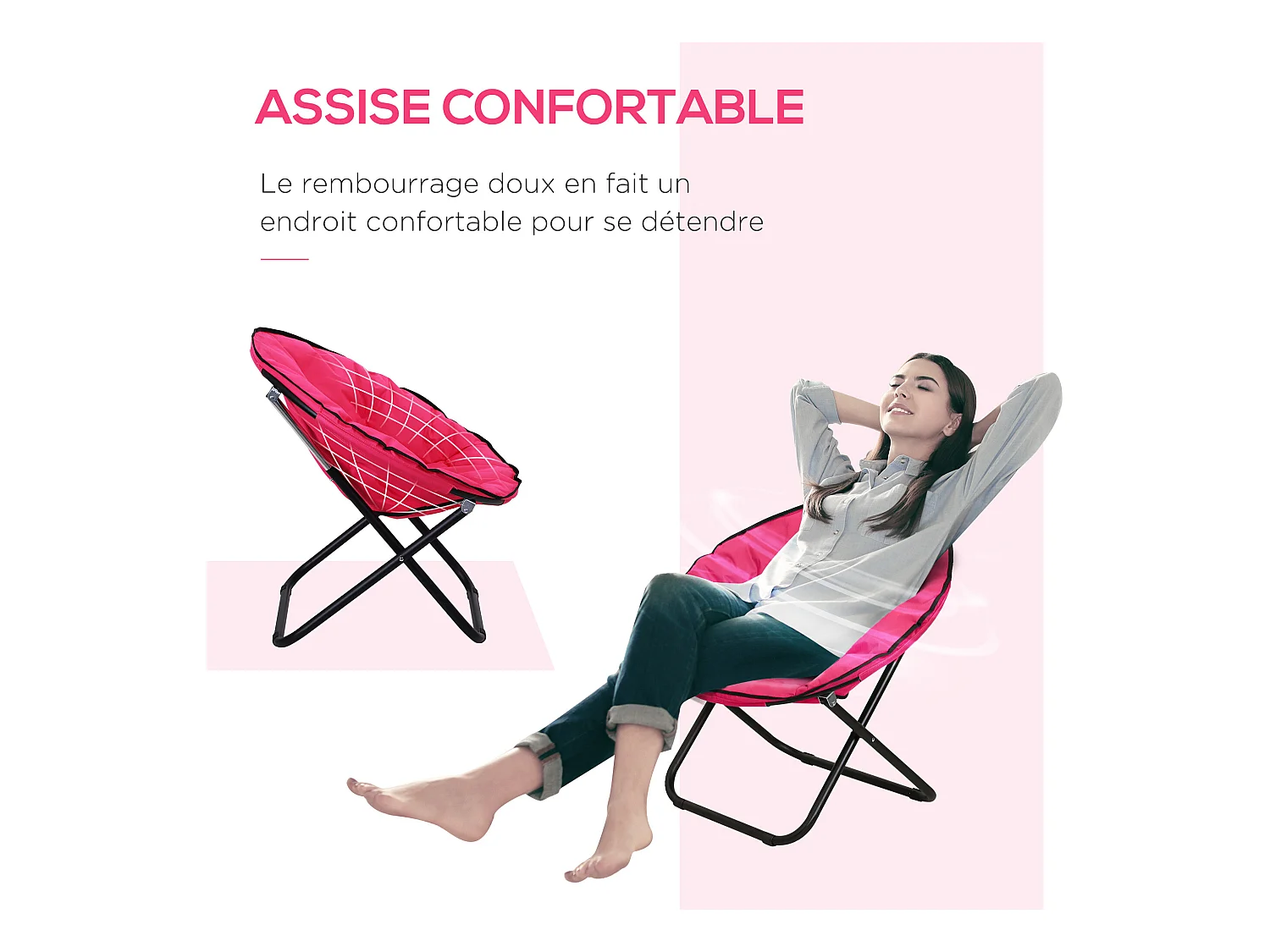 Loveuse fauteuil rond de jardin fauteuil lune papasan pliable grand confort 80L x 80l x 75H cm grand coussin fourni oxford rose