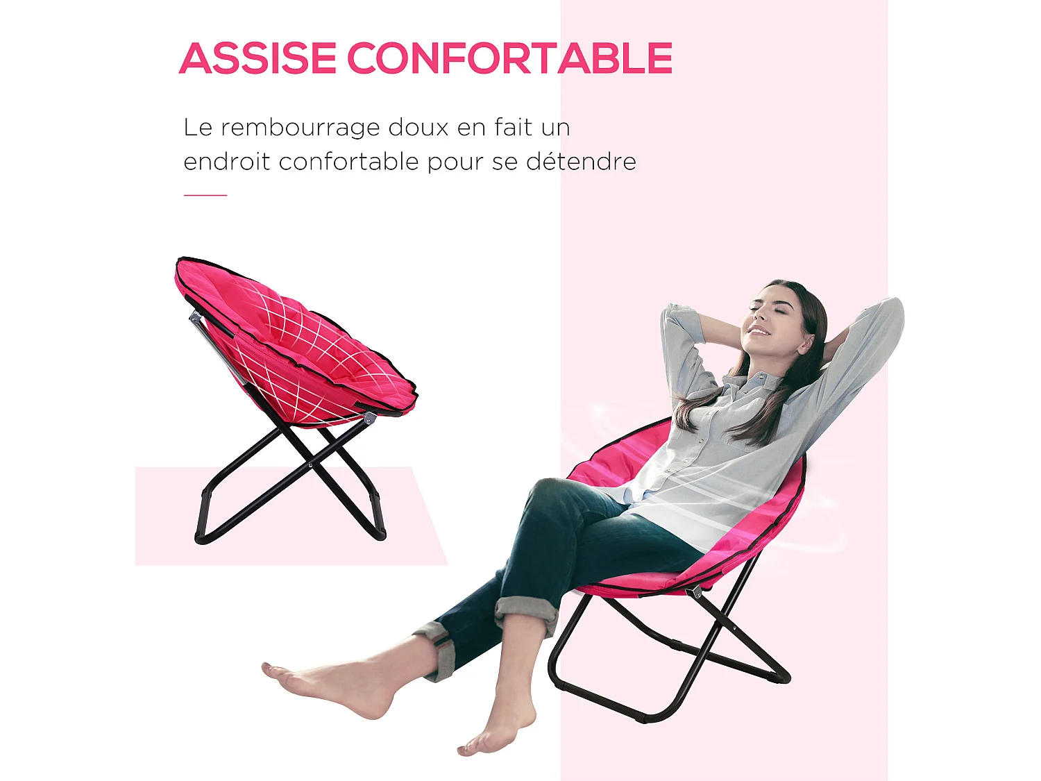Loveuse fauteuil rond de jardin fauteuil lune papasan pliable grand confort 80L x 80l x 75H cm grand coussin fourni oxford rose