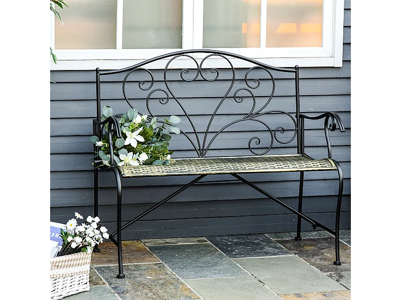 Banc de jardin 2 places style néo-rétro fer forgé lignes fuselées métal noir doré effet vieilli