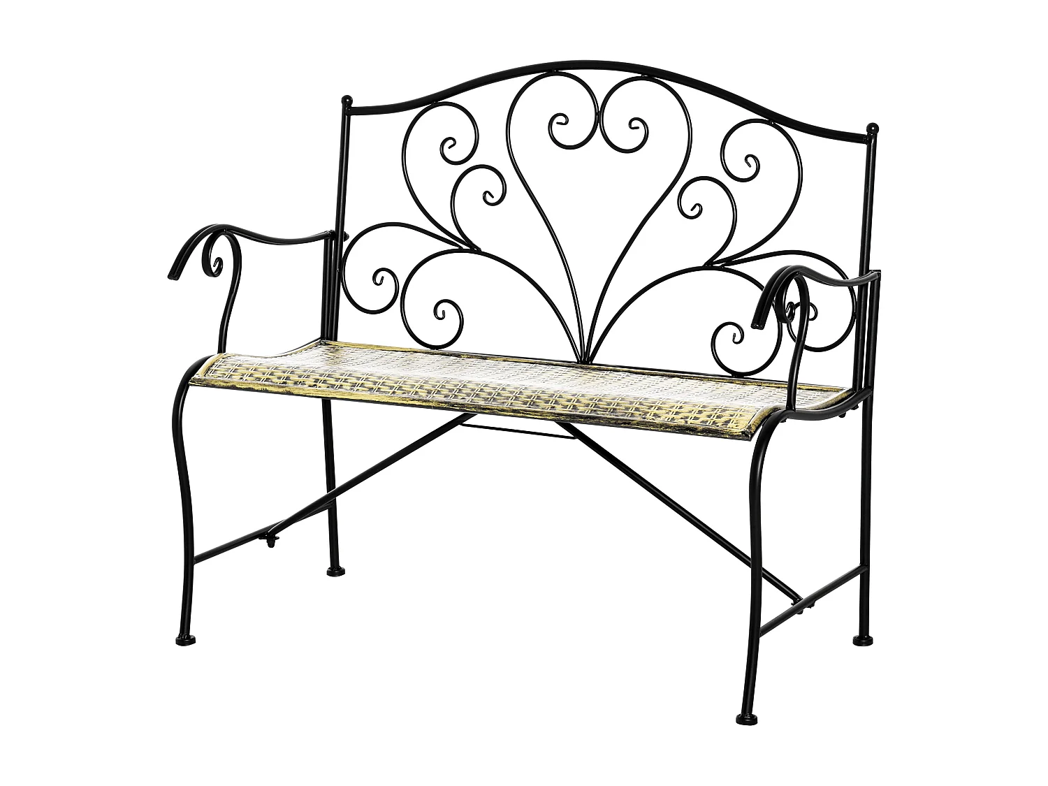 Banc de jardin 2 places style néo-rétro fer forgé lignes fuselées métal noir doré effet vieilli