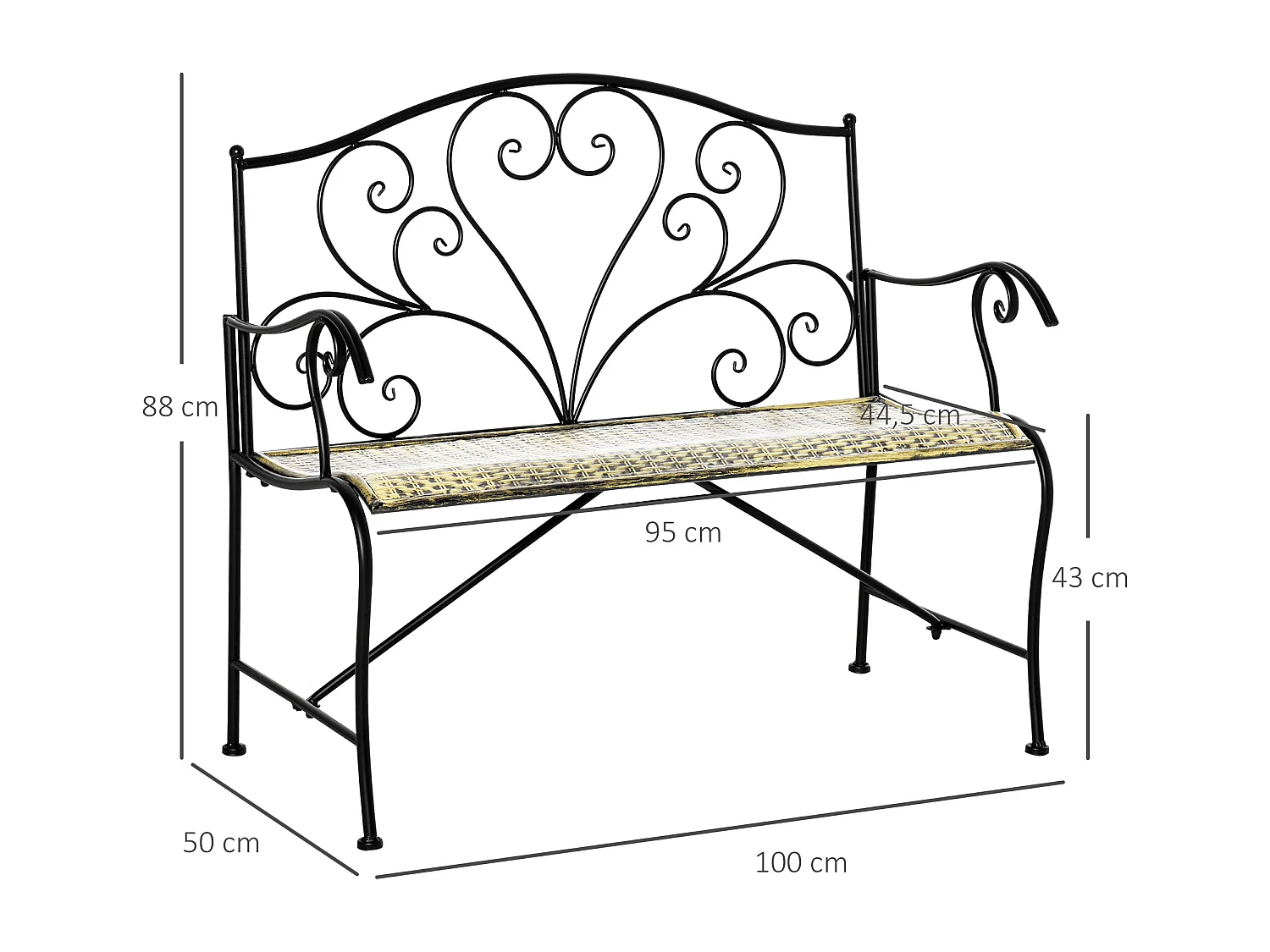 Banc de jardin 2 places style néo-rétro fer forgé lignes fuselées métal noir doré effet vieilli