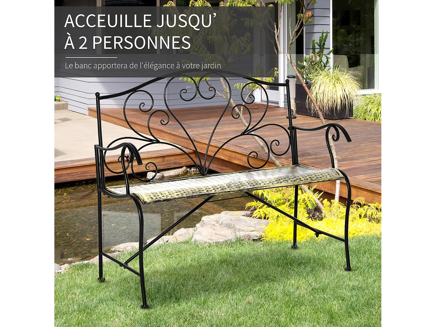 Banc de jardin 2 places style néo-rétro fer forgé lignes fuselées métal noir doré effet vieilli