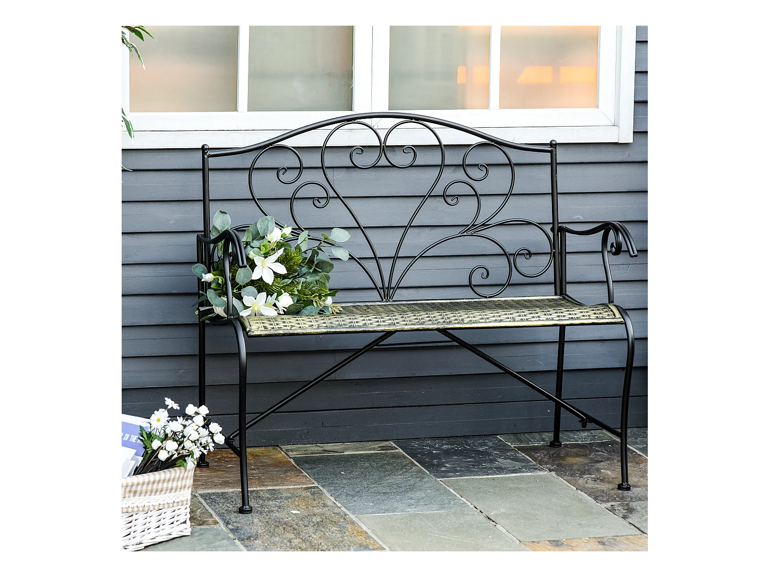 Banc de jardin 2 places style néo-rétro fer forgé lignes fuselées métal noir doré effet vieilli