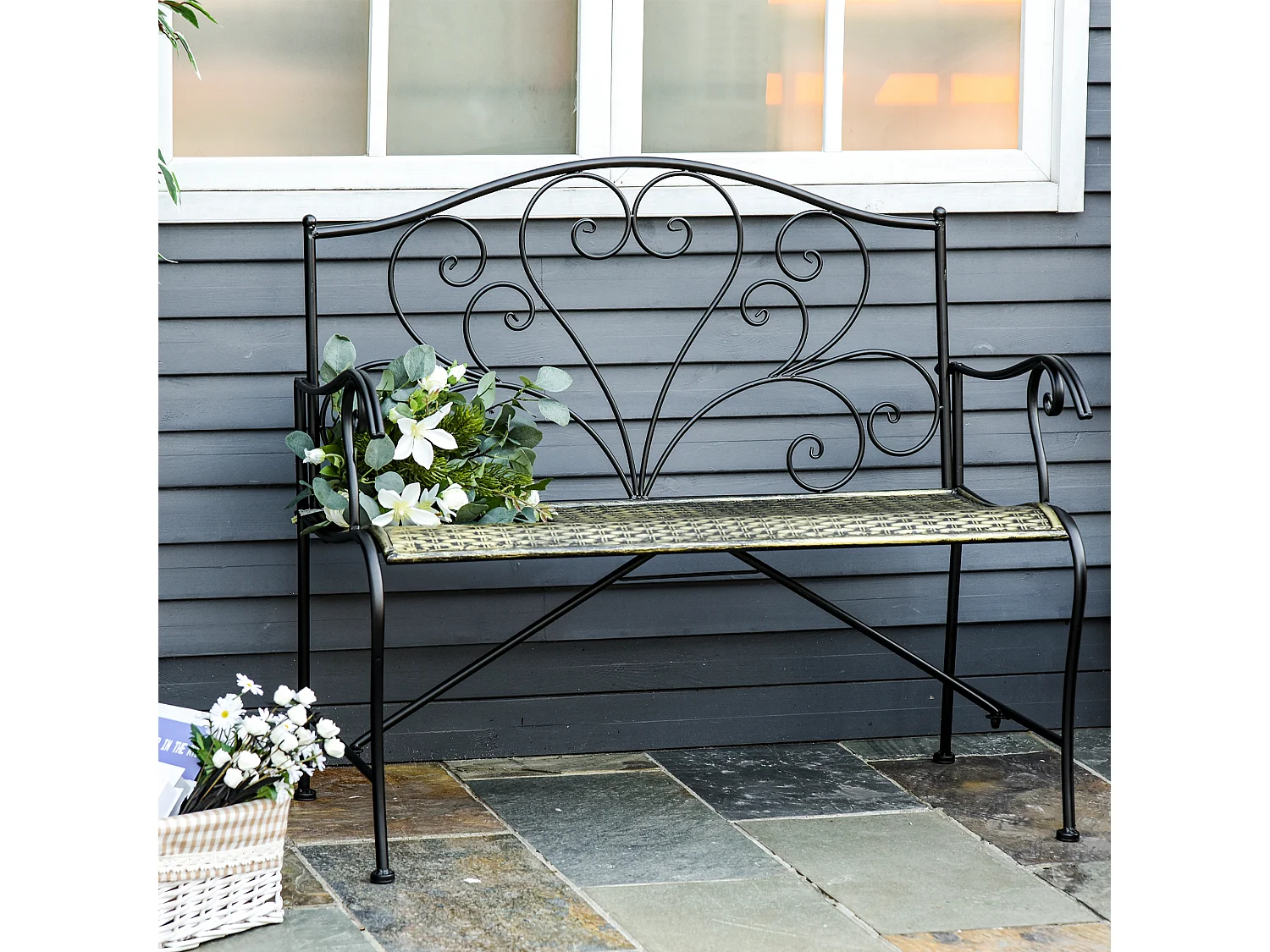 Banc de jardin 2 places style néo-rétro fer forgé lignes fuselées métal noir doré effet vieilli