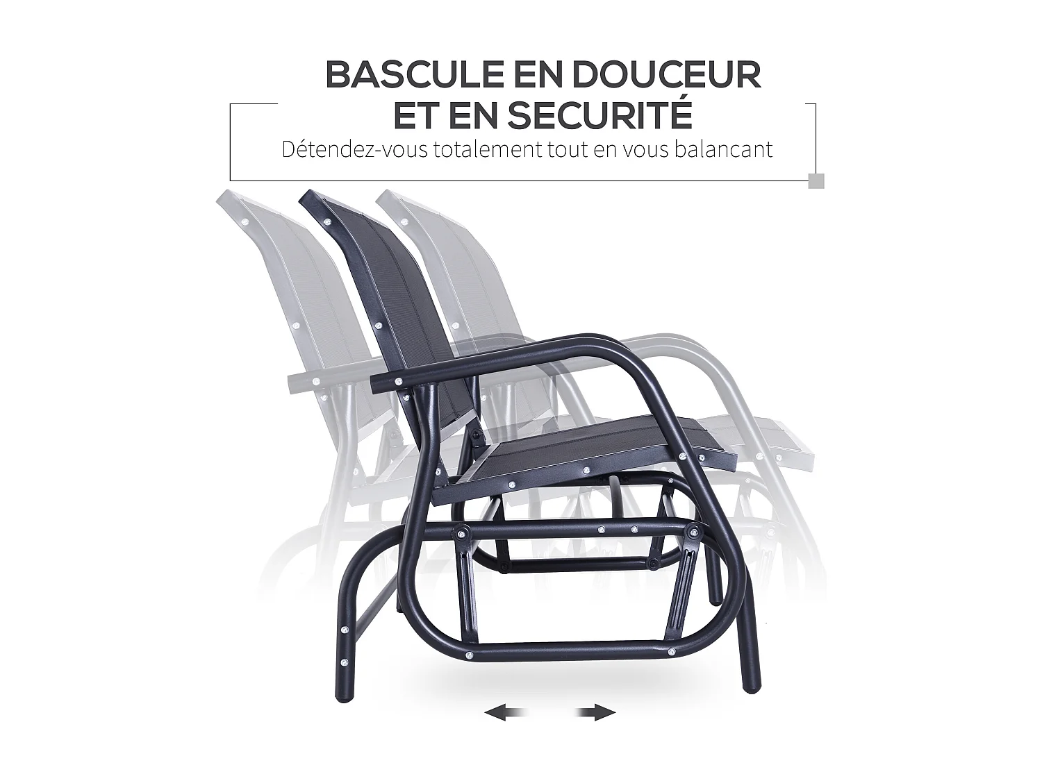 Banc à bascule de jardin 2 places design contemporain grand confort accoudoirs assise et dossier ergonomique acier textilène noir