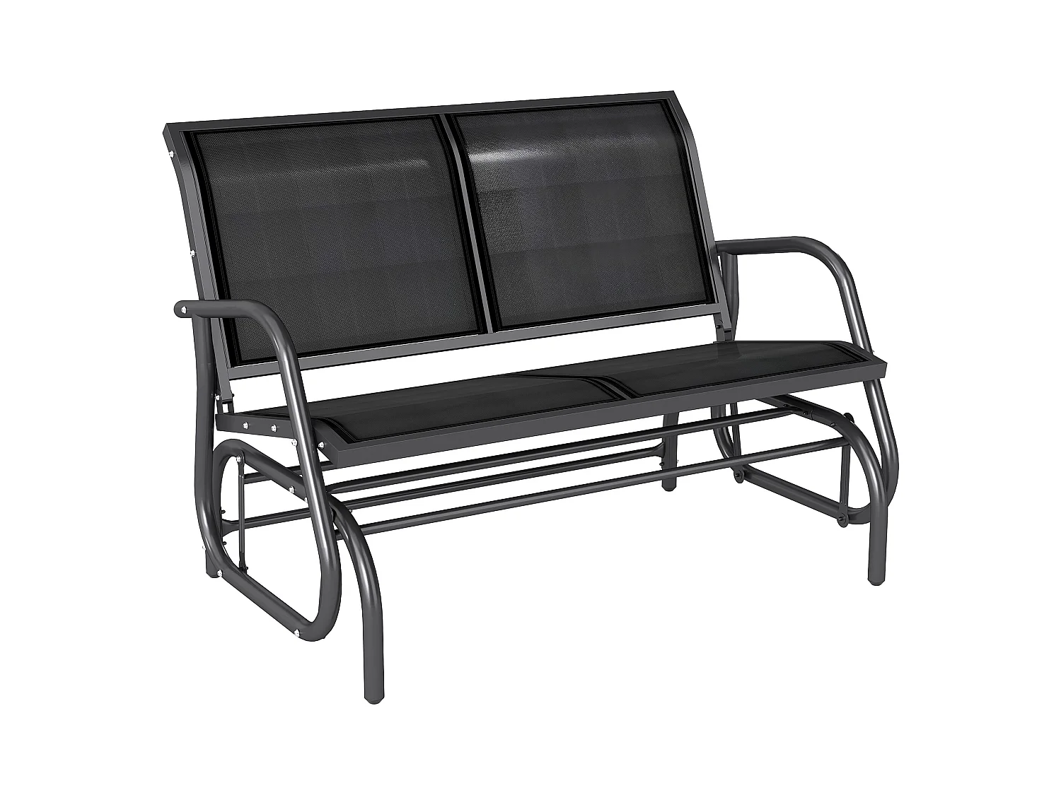 Banc à bascule de jardin 2 places design contemporain grand confort accoudoirs assise et dossier ergonomique acier textilène noir