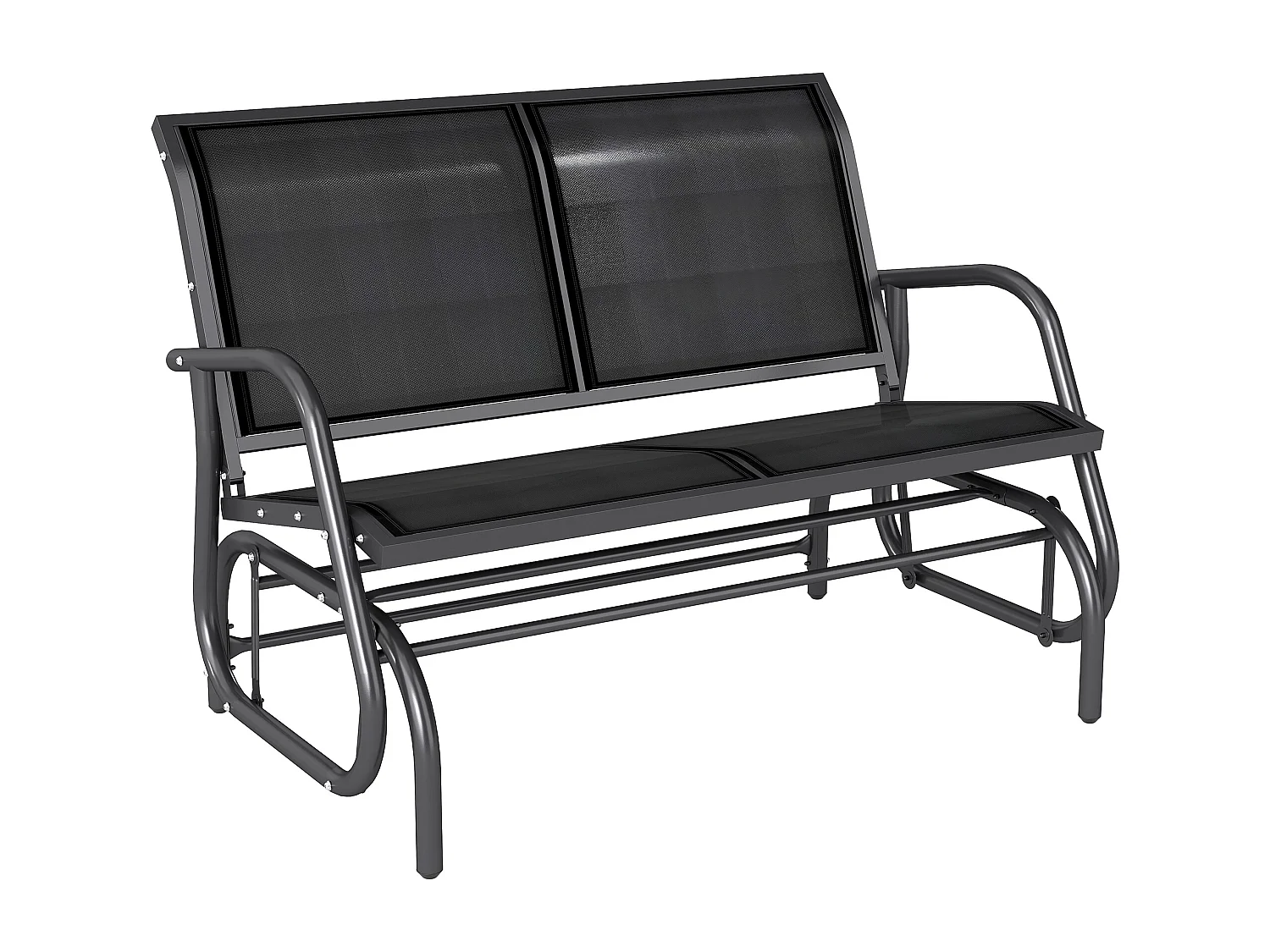 Banc à bascule de jardin 2 places design contemporain grand confort accoudoirs assise et dossier ergonomique acier textilène noir