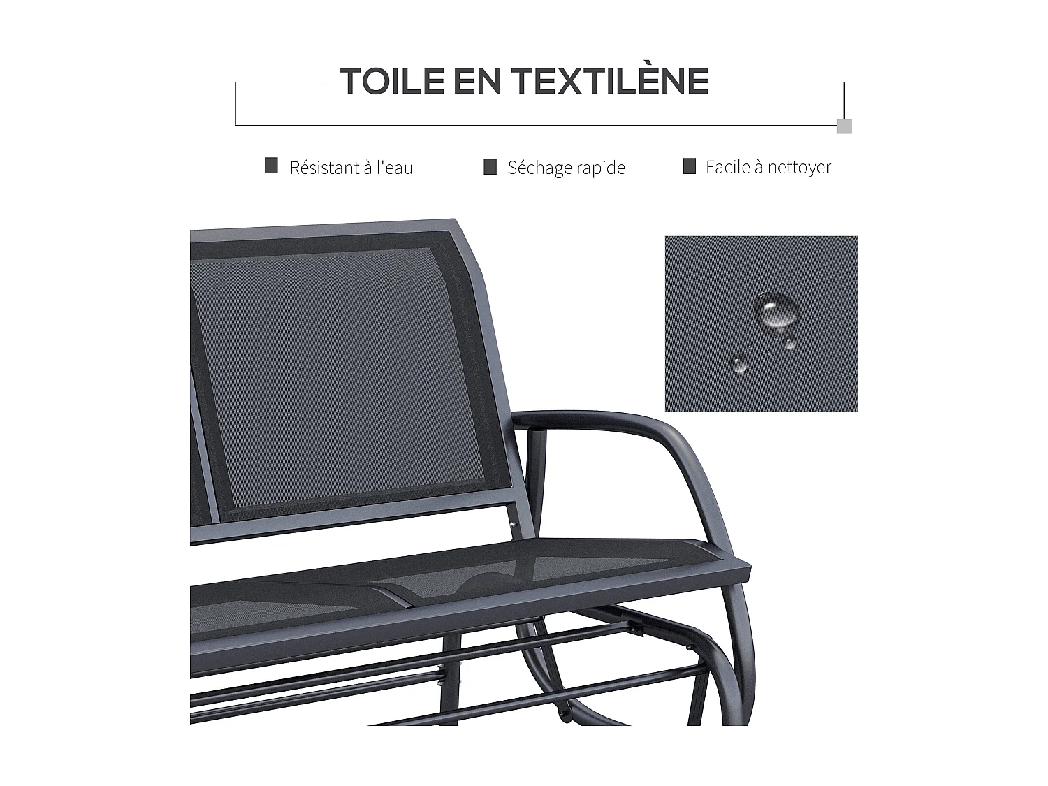 Banc à bascule de jardin 2 places design contemporain grand confort accoudoirs assise et dossier ergonomique acier textilène noir