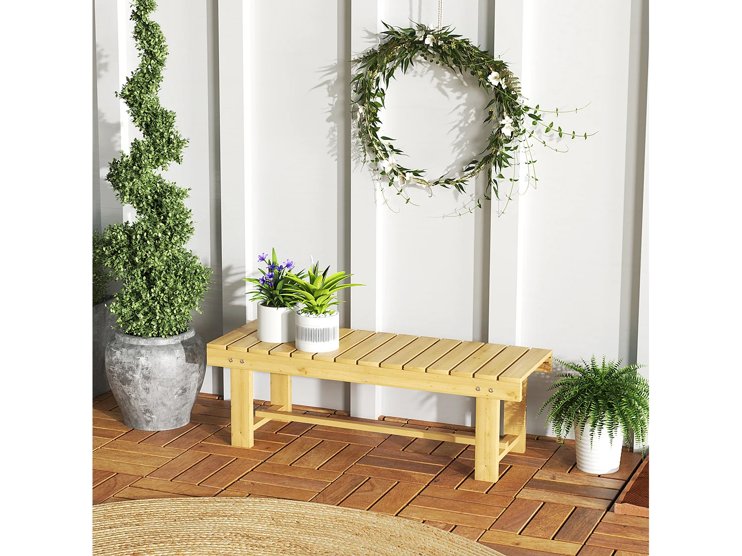 Banc de jardin 2 places style rural chic assise à lattes dim. 110L x 38l x 35H cm bois de sapin pré-huilé