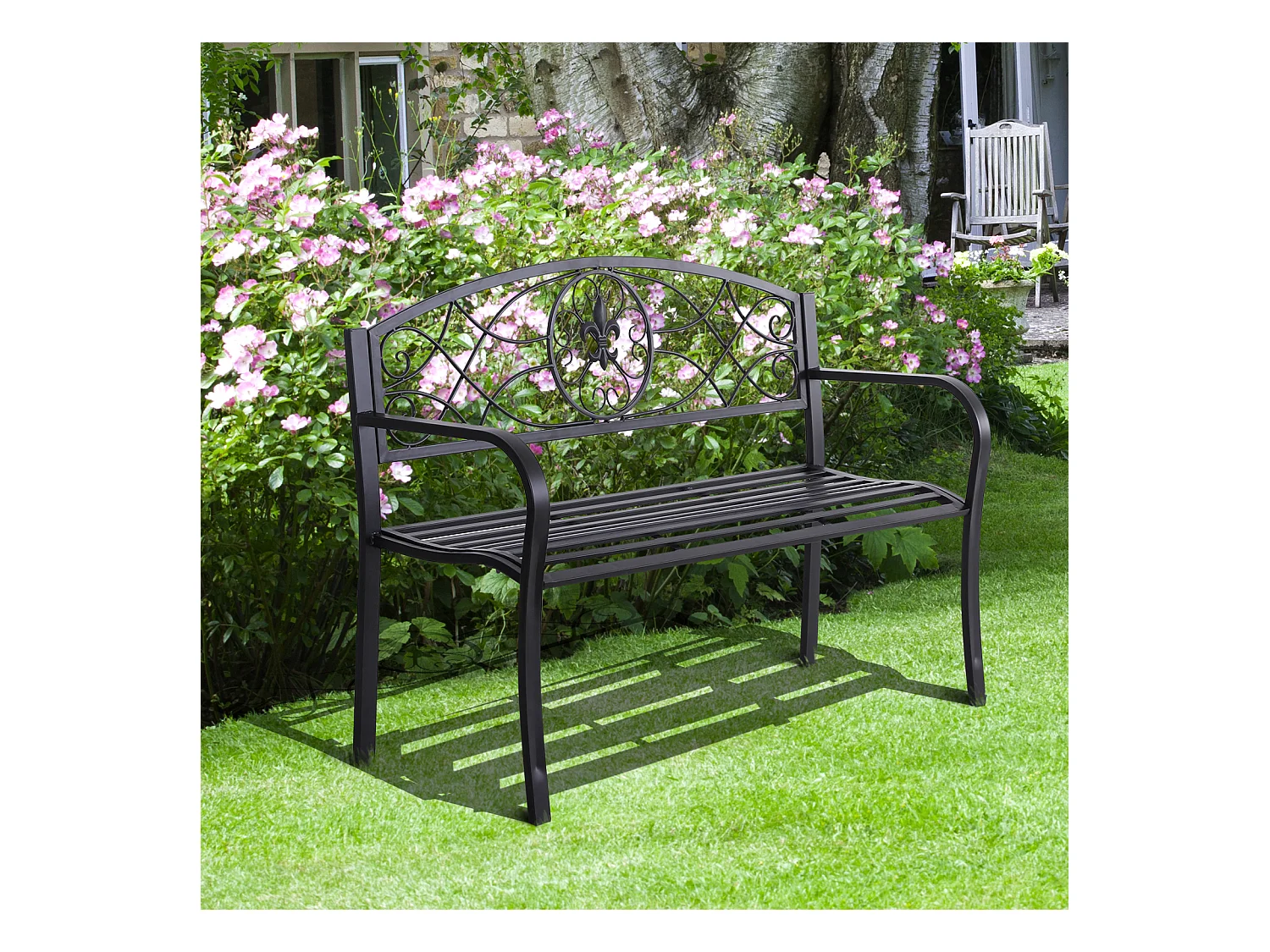 Banc de jardin 2 places style néo-rétro fer forgé motif fleurs de lys dim. 128L x 50l x 91H cm métal époxy noir