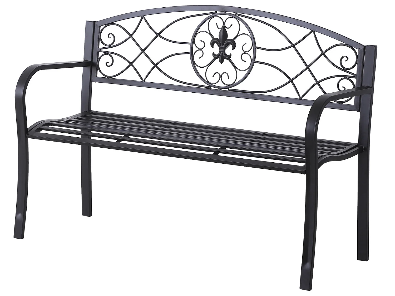 Banc de jardin 2 places style néo-rétro fer forgé motif fleurs de lys dim. 128L x 50l x 91H cm métal époxy noir