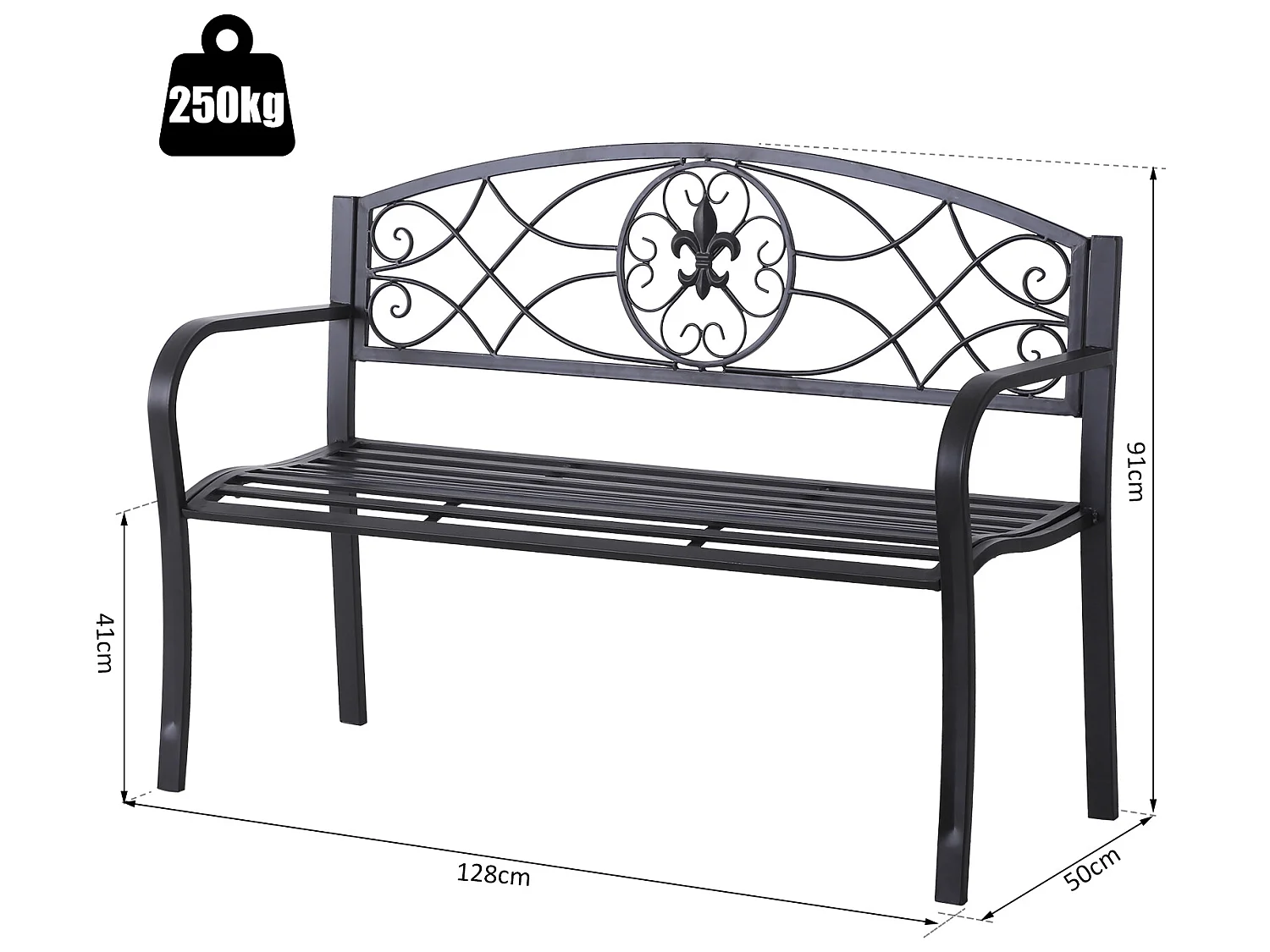 Banc de jardin 2 places style néo-rétro fer forgé motif fleurs de lys dim. 128L x 50l x 91H cm métal époxy noir