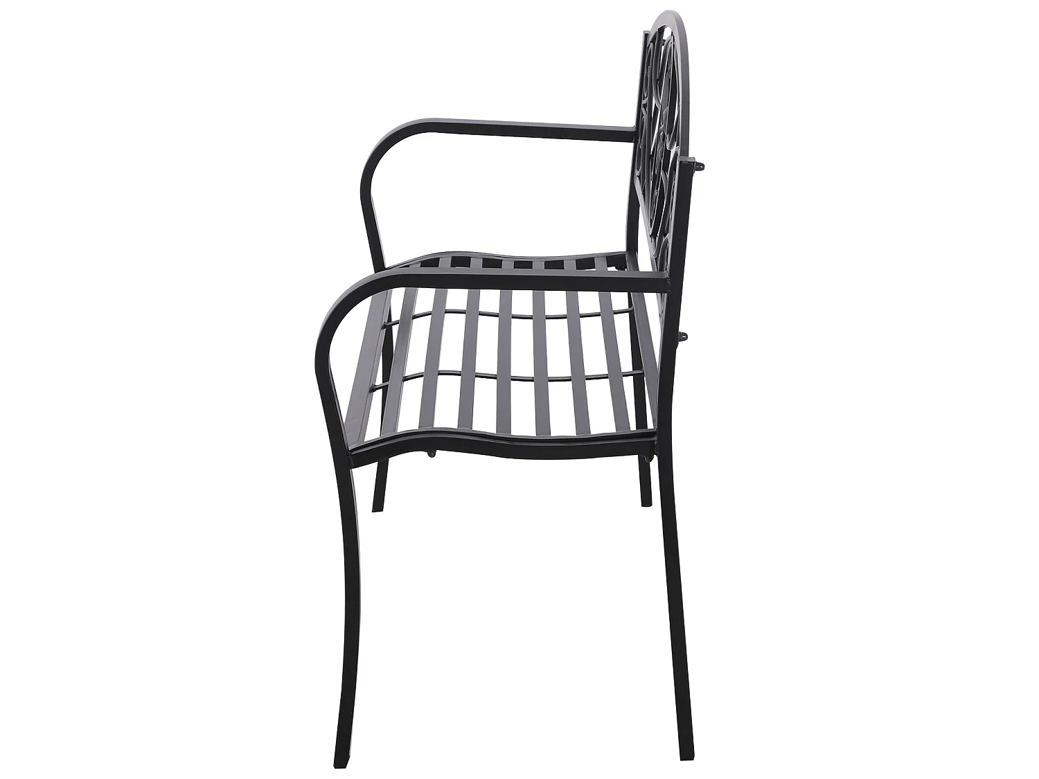 Banc de jardin 2 places style néo-rétro fer forgé motif fleurs de lys dim. 128L x 50l x 91H cm métal époxy noir
