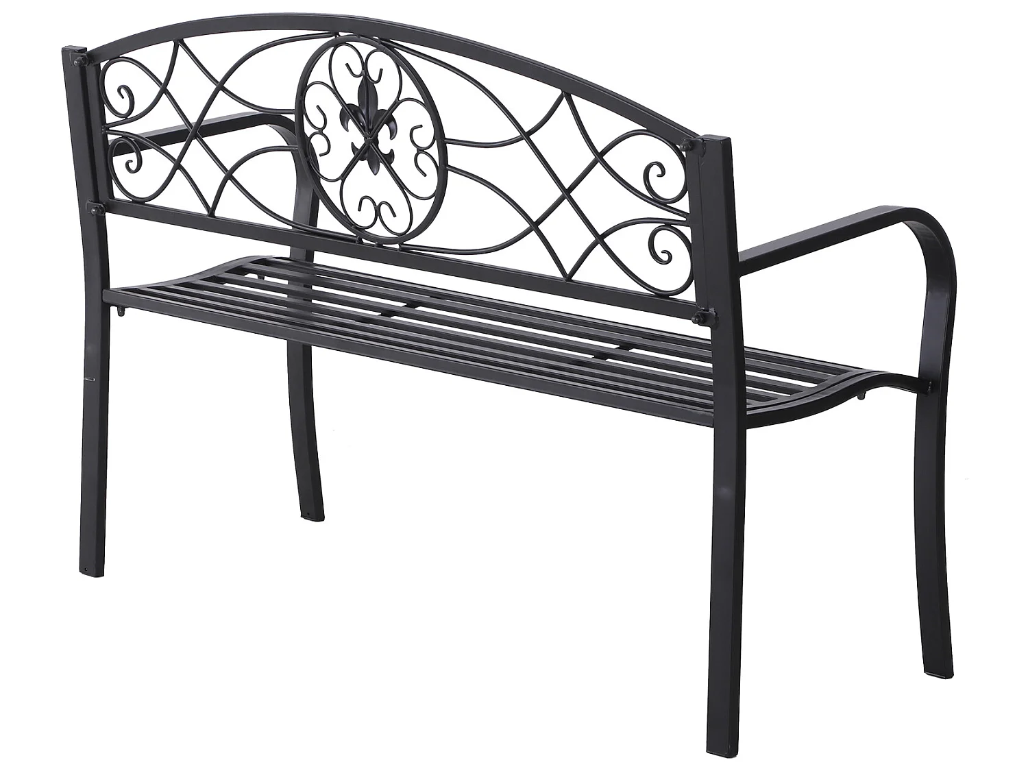 Banc de jardin 2 places style néo-rétro fer forgé motif fleurs de lys dim. 128L x 50l x 91H cm métal époxy noir