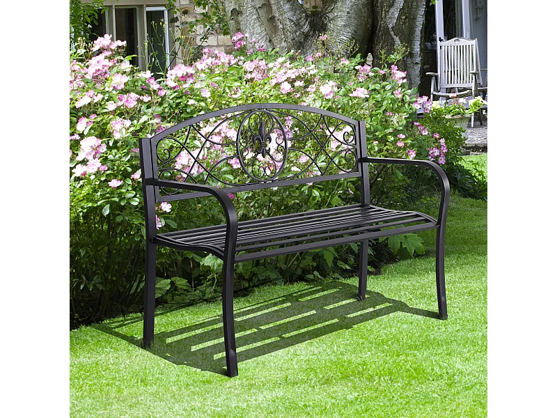 Banc de jardin 2 places style néo-rétro fer forgé motif fleurs de lys dim. 128L x 50l x 91H cm métal époxy noir