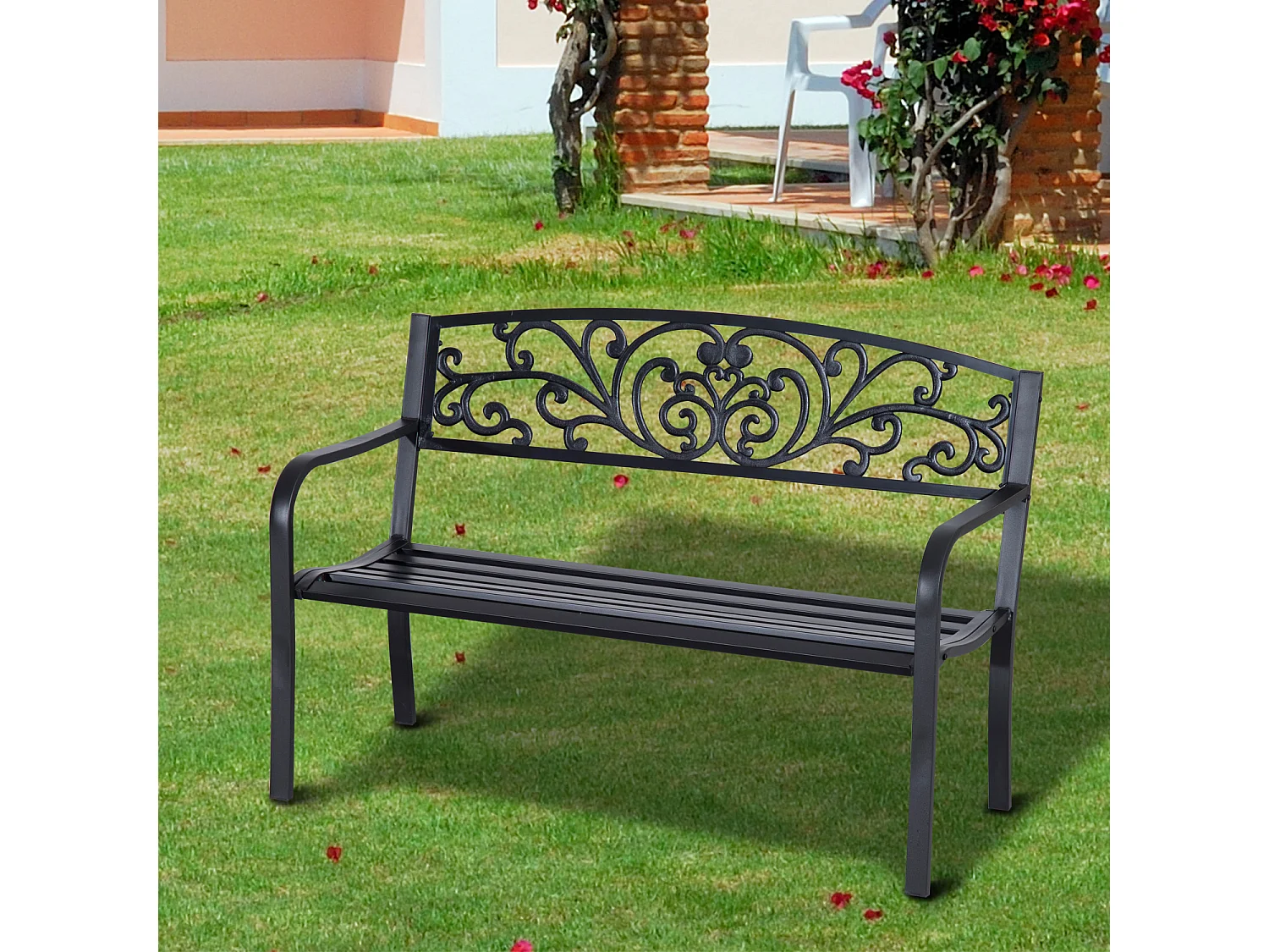 Banc de jardin terrasse en acier fonte noir 3 places 127 x 60 x 87 cm charge max 220 Kg