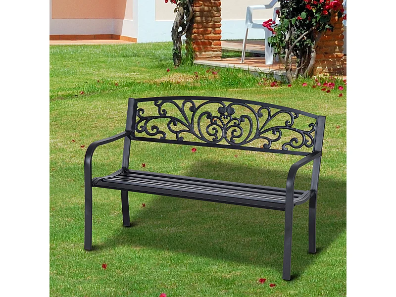 Banc de jardin terrasse en acier fonte noir 3 places 127 x 60 x 87 cm charge max 220 Kg
