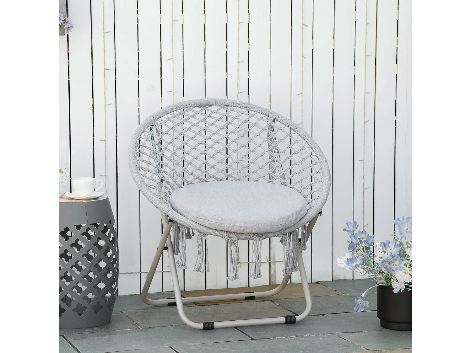 Loveuse fauteuil rond de jardin fauteuil lune papasan pliable grand confort macramé coton polyester gris