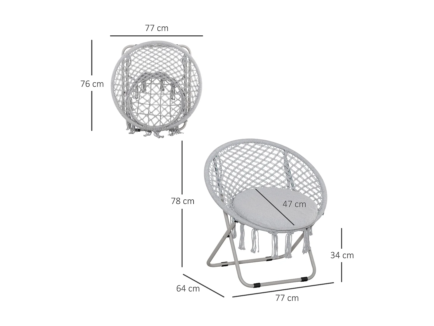 Loveuse fauteuil rond de jardin fauteuil lune papasan pliable grand confort macramé coton polyester gris
