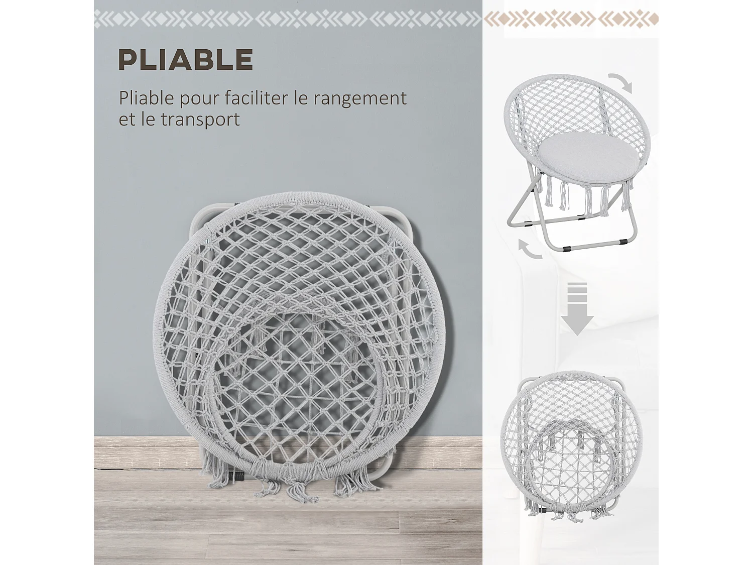 Loveuse fauteuil rond de jardin fauteuil lune papasan pliable grand confort macramé coton polyester gris
