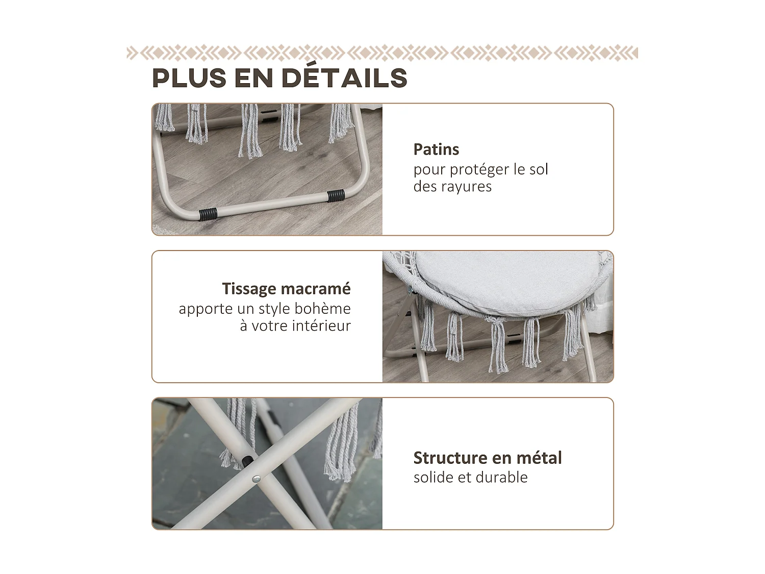 Loveuse fauteuil rond de jardin fauteuil lune papasan pliable grand confort macramé coton polyester gris