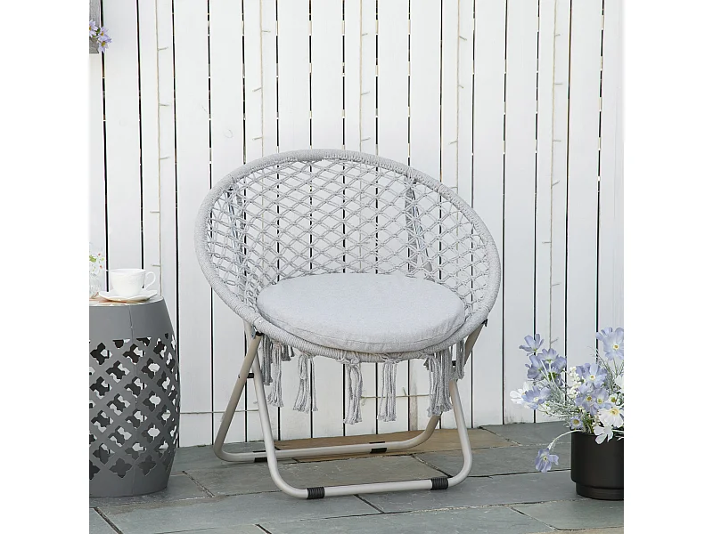 Loveuse fauteuil rond de jardin fauteuil lune papasan pliable grand confort macramé coton polyester gris
