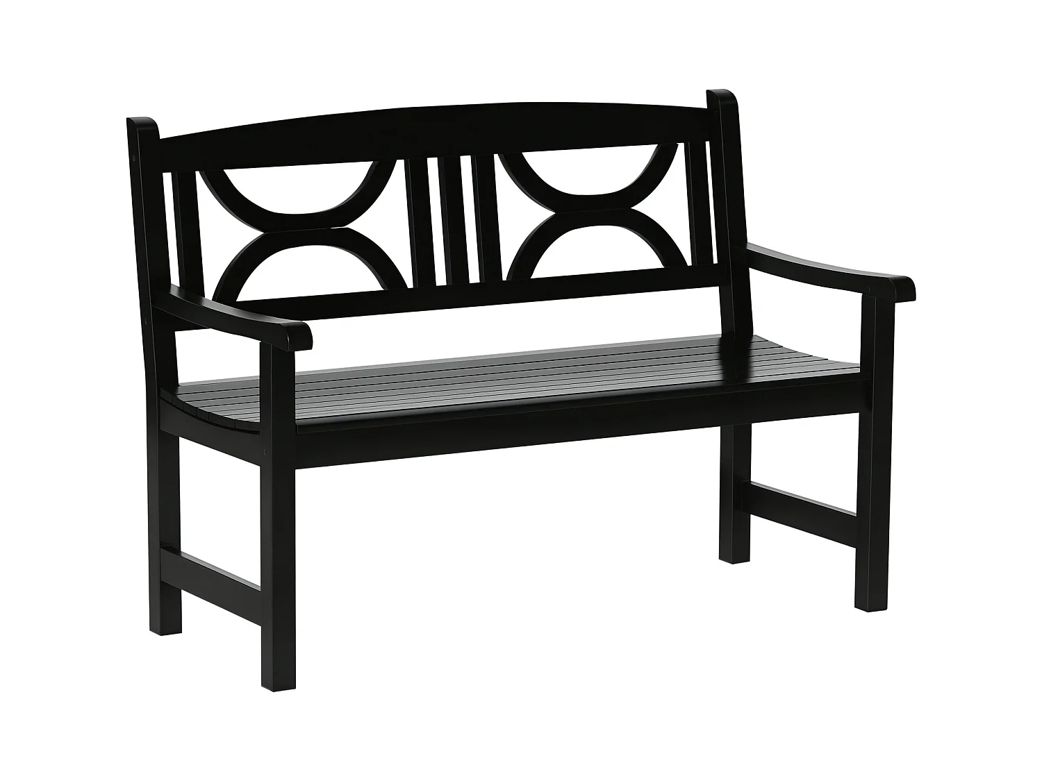 Banc de jardin 2 places style colonial dim. 123L x 61l x 89.5H cm assise à lattes dossier ajouré motif tribal bois peuplier noir