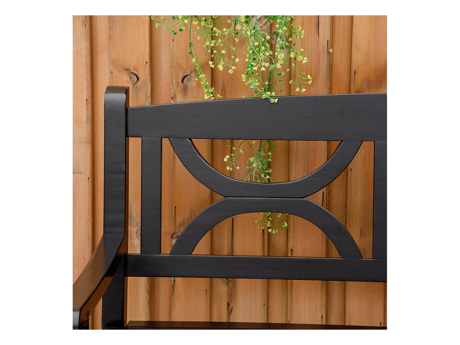 Banc de jardin 2 places style colonial dim. 123L x 61l x 89.5H cm assise à lattes dossier ajouré motif tribal bois peuplier noir