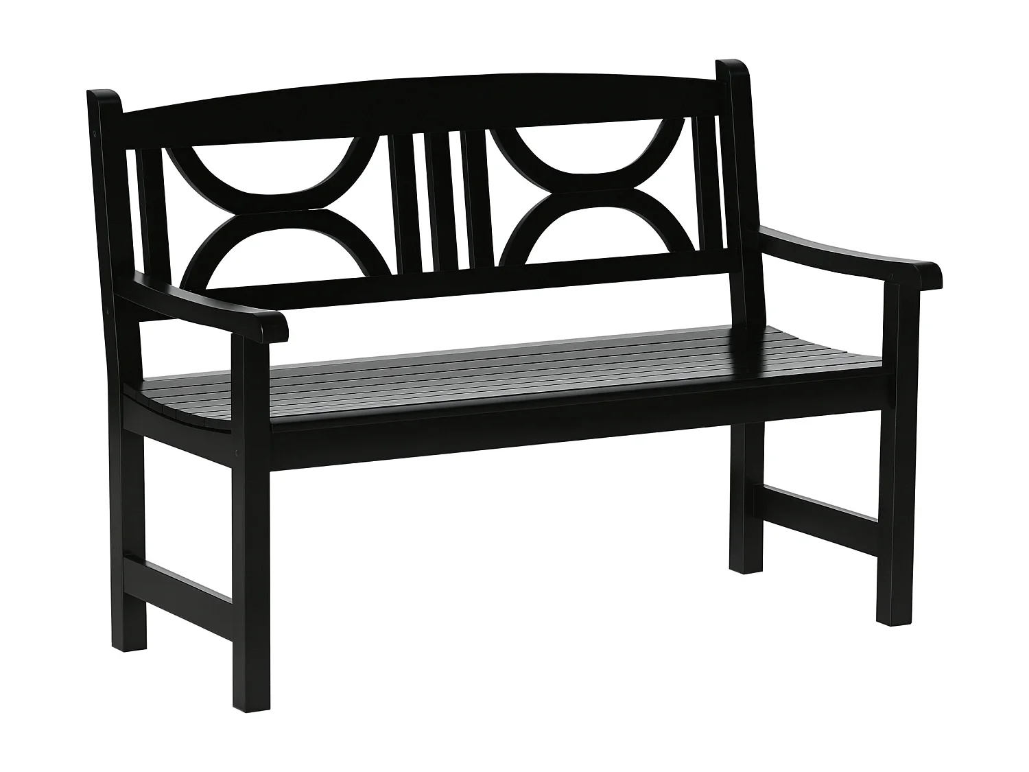 Banc de jardin 2 places style colonial dim. 123L x 61l x 89.5H cm assise à lattes dossier ajouré motif tribal bois peuplier noir