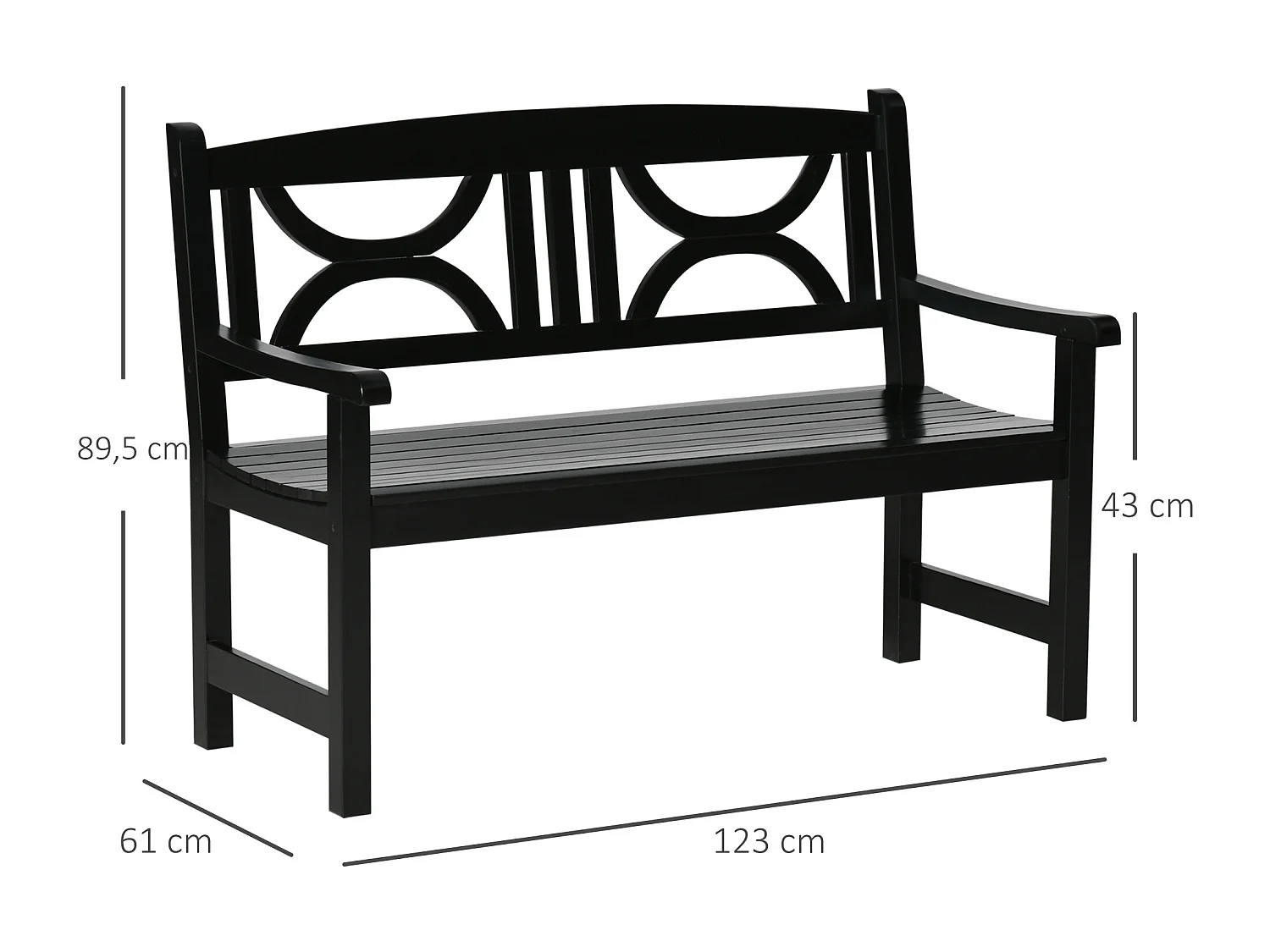 Banc de jardin 2 places style colonial dim. 123L x 61l x 89.5H cm assise à lattes dossier ajouré motif tribal bois peuplier noir