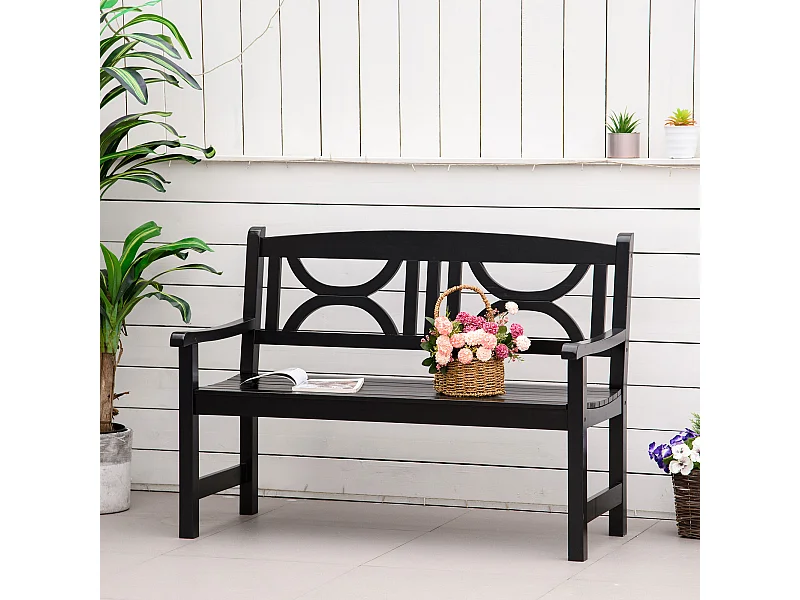 Banc de jardin 2 places style colonial dim. 123L x 61l x 89.5H cm assise à lattes dossier ajouré motif tribal bois peuplier noir
