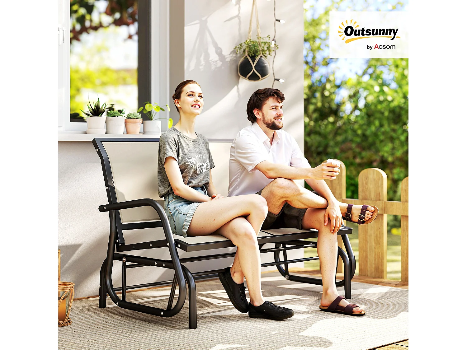 Banc à bascule de jardin 2 places design contemporain grand confort accoudoirs assise et dossier ergonomique acier textilène beige