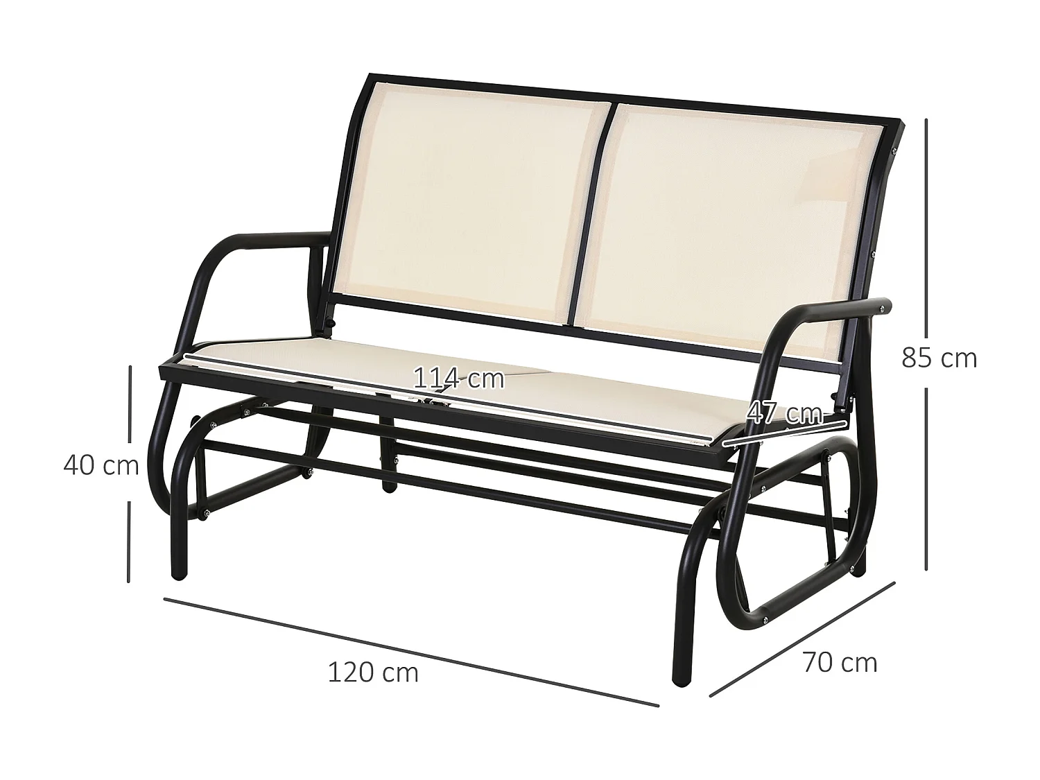 Banc à bascule de jardin 2 places design contemporain grand confort accoudoirs assise et dossier ergonomique acier textilène beige