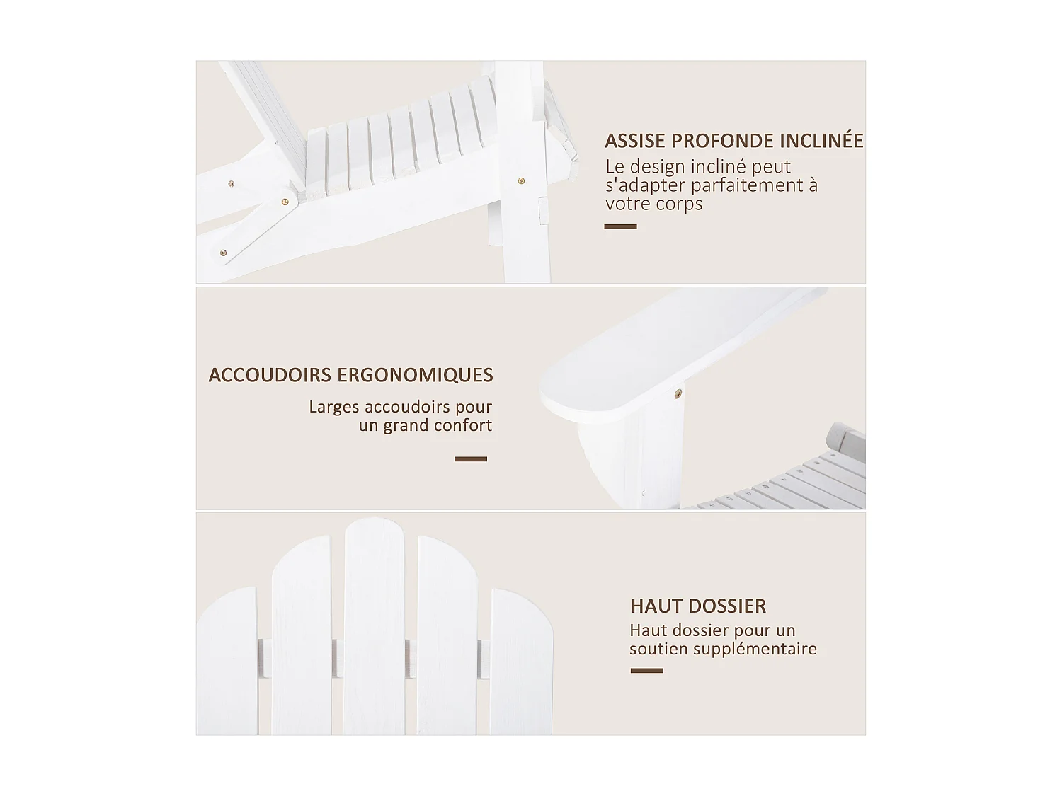 Fauteuil Adirondack pliable de jardin grand confort dossier incliné assise profonde bois de sapin traité peint blanc