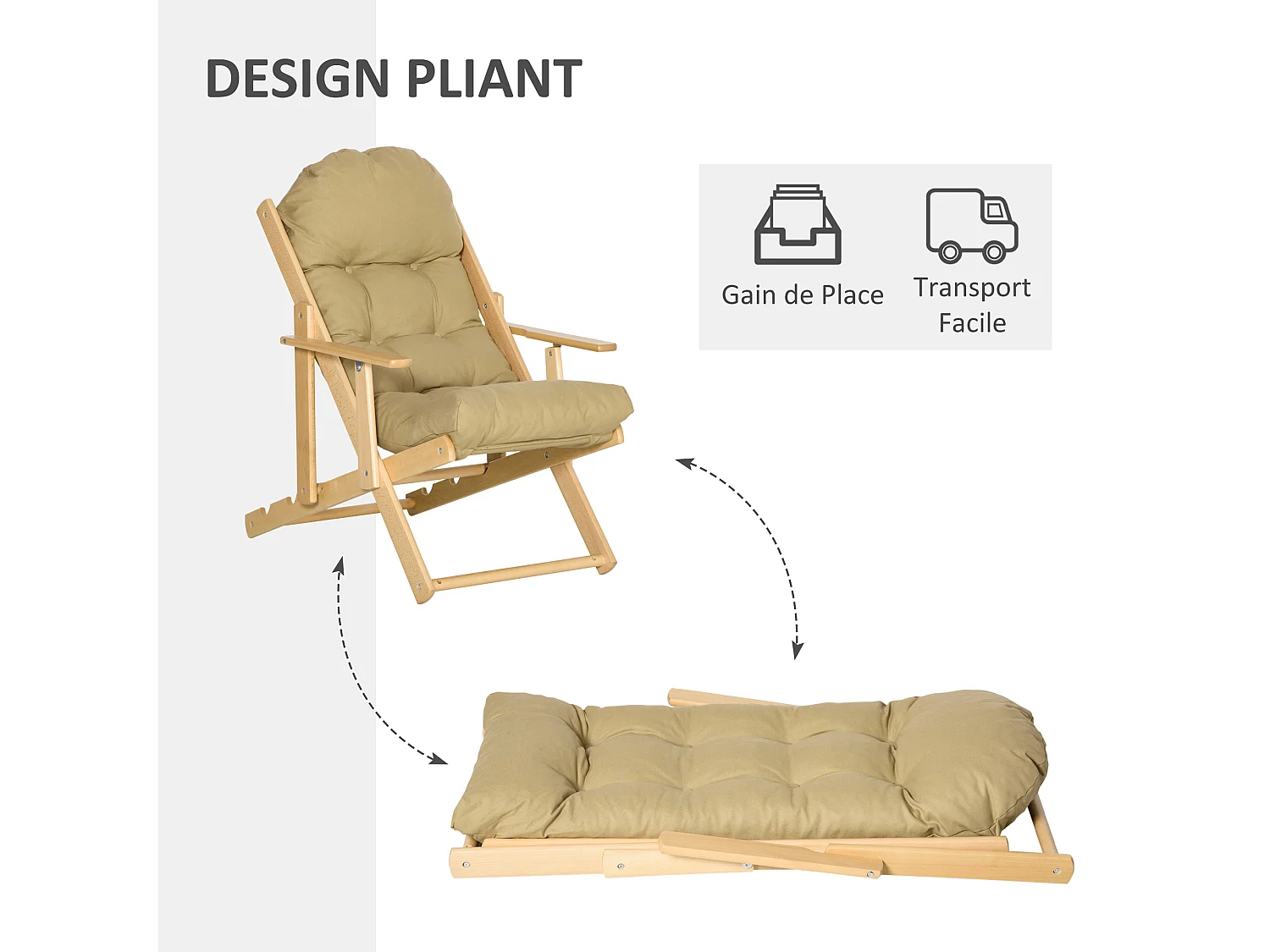 Fauteuil chaise pliable et inclinable en bois grand confort avec coussin capitonné épais - dim. 71I x 89P x 96H cm - beige