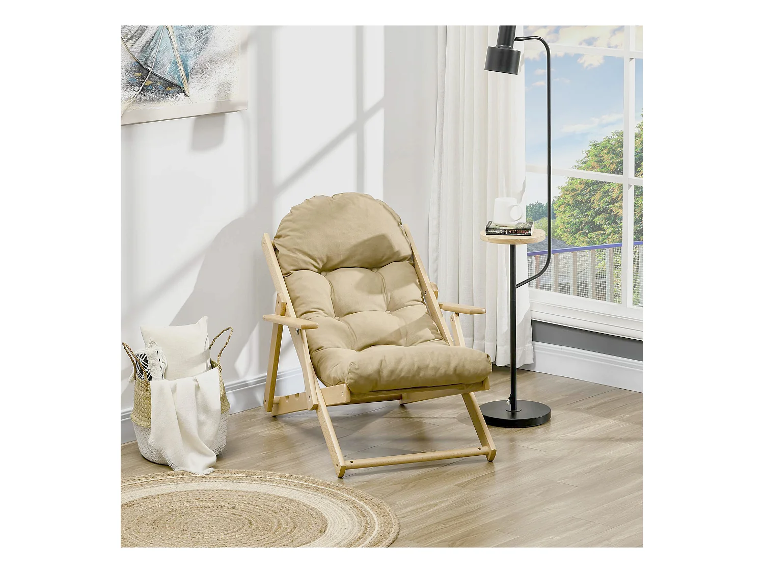 Fauteuil chaise pliable et inclinable en bois grand confort avec coussin capitonné épais - dim. 71I x 89P x 96H cm - beige