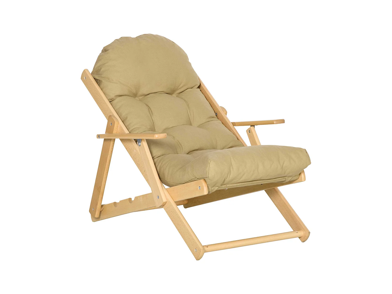 Fauteuil chaise pliable et inclinable en bois grand confort avec coussin capitonné épais - dim. 71I x 89P x 96H cm - beige