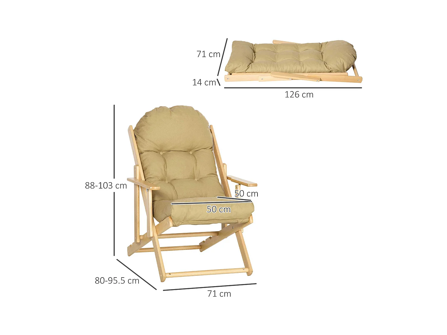 Fauteuil chaise pliable et inclinable en bois grand confort avec coussin capitonné épais - dim. 71I x 89P x 96H cm - beige