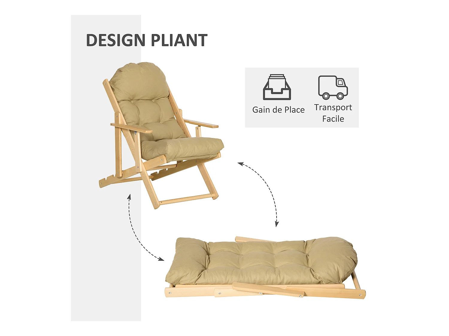 Fauteuil chaise pliable et inclinable en bois grand confort avec coussin capitonné épais - dim. 71I x 89P x 96H cm - beige