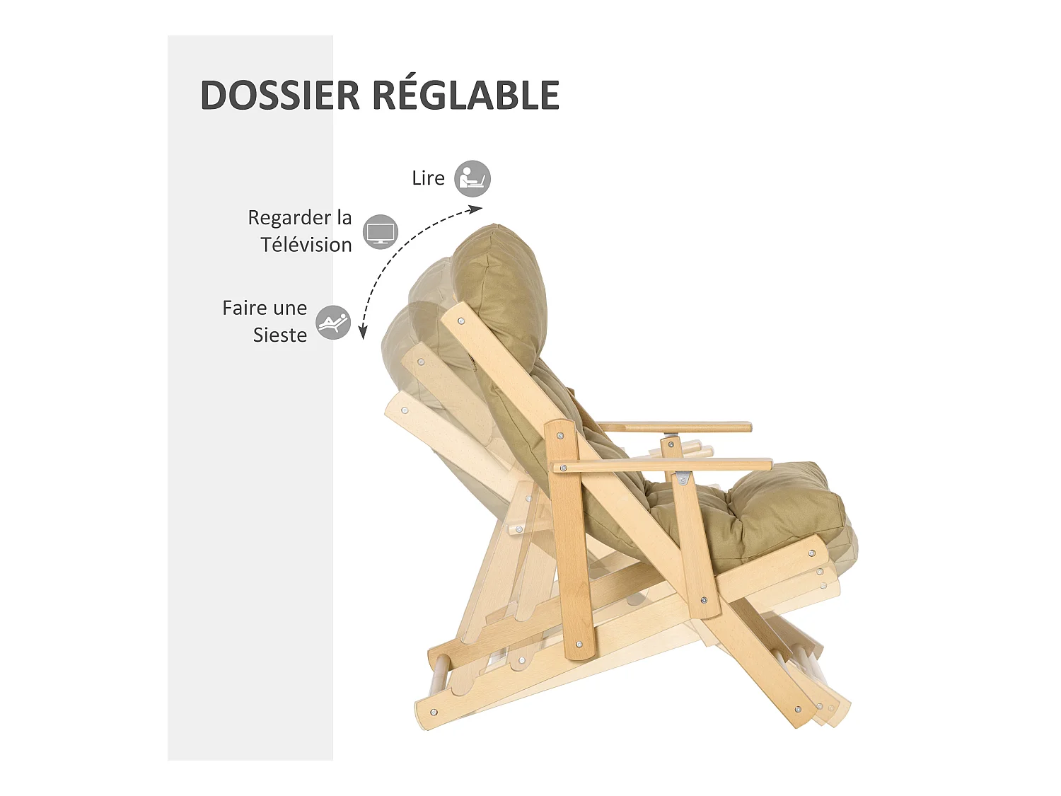 Fauteuil chaise pliable et inclinable en bois grand confort avec coussin capitonné épais - dim. 71I x 89P x 96H cm - beige