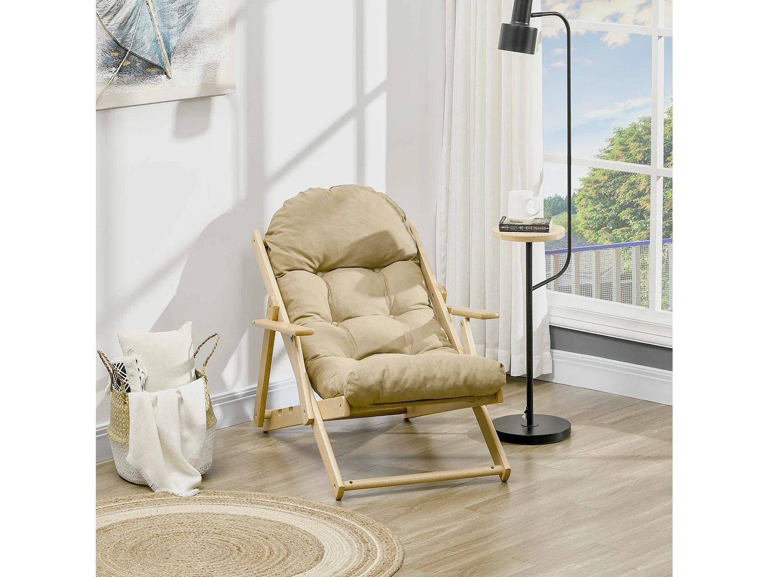 Fauteuil chaise pliable et inclinable en bois grand confort avec coussin capitonné épais - dim. 71I x 89P x 96H cm - beige