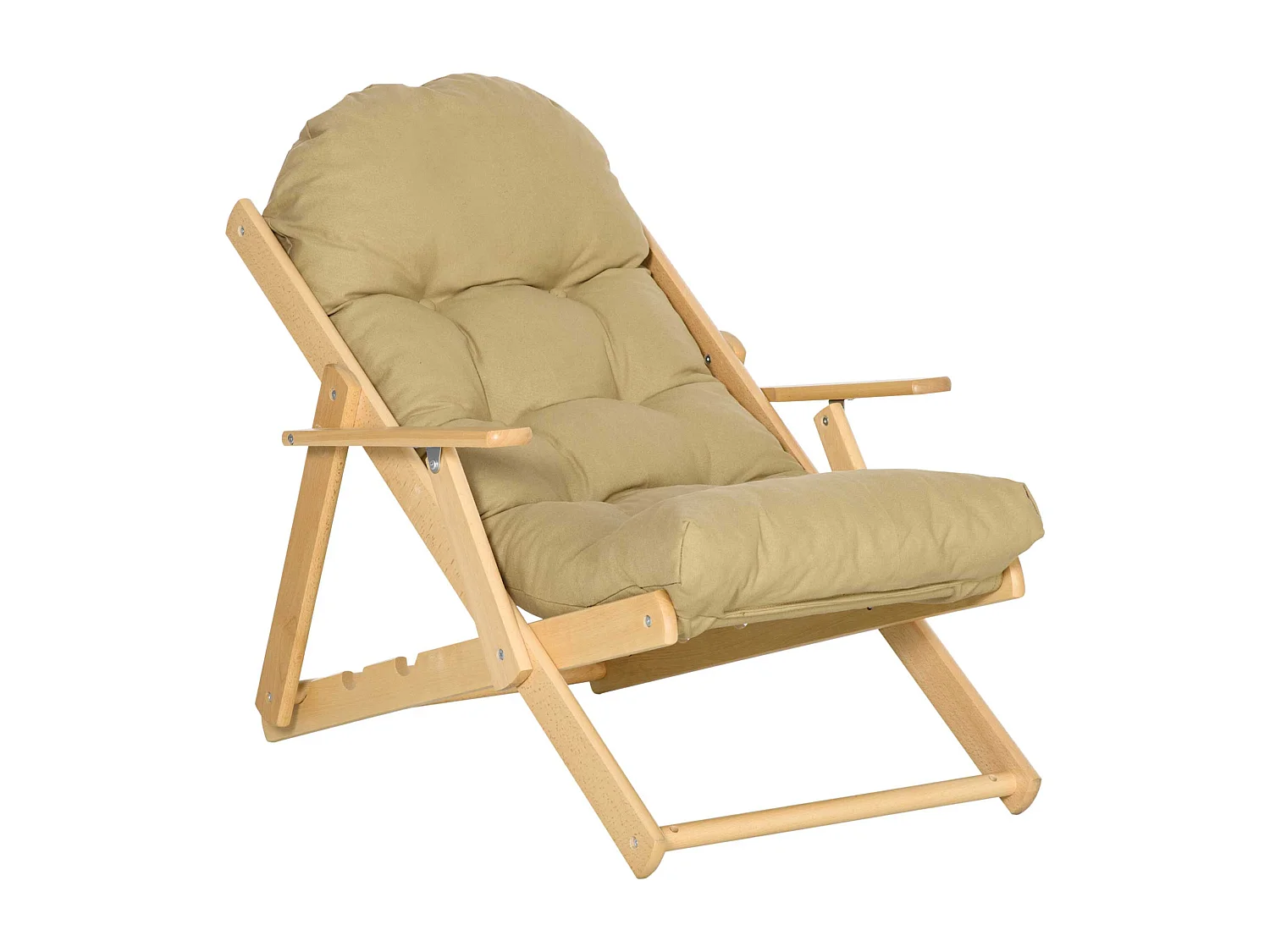 Fauteuil chaise pliable et inclinable en bois grand confort avec coussin capitonné épais - dim. 71I x 89P x 96H cm - beige