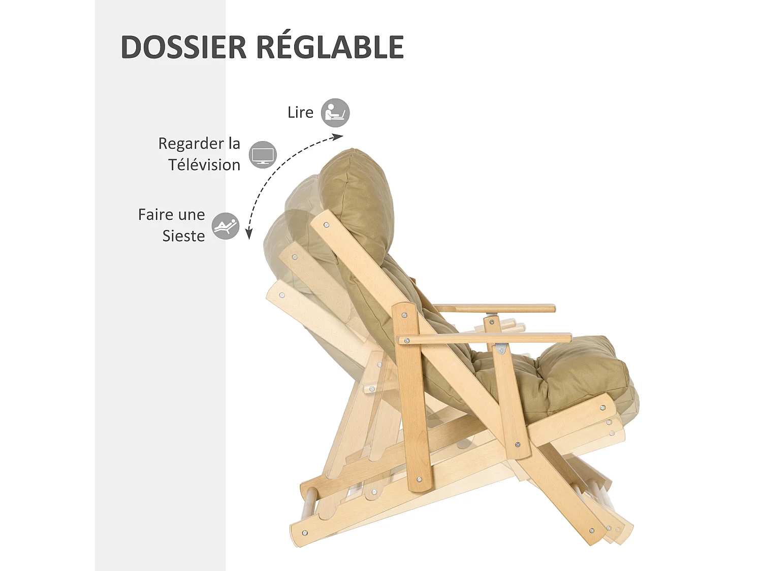 Fauteuil chaise pliable et inclinable en bois grand confort avec coussin capitonné épais - dim. 71I x 89P x 96H cm - beige