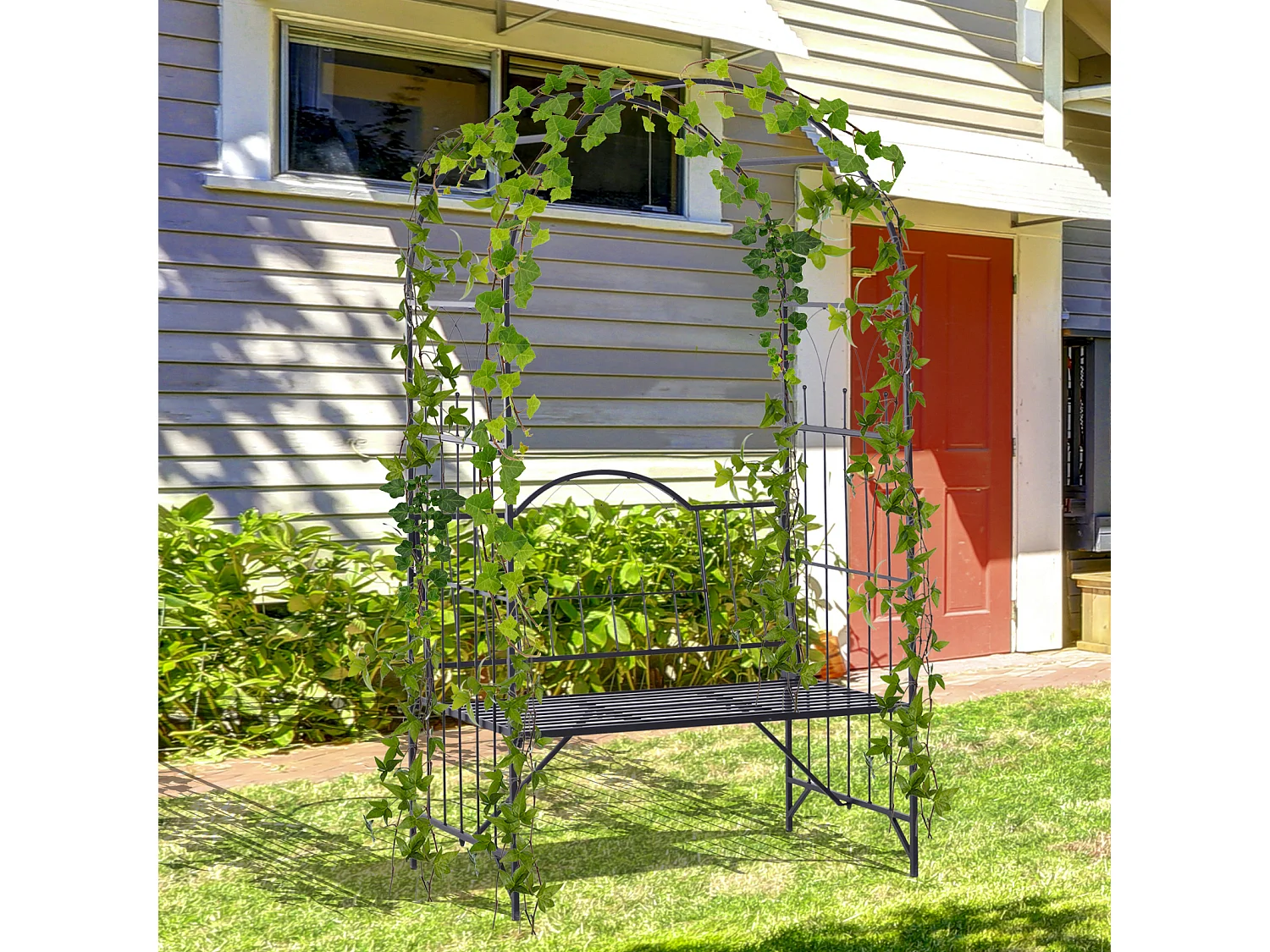 Arche à rosiers banc de jardin 2 places 2 en 1 dim. 115L x 59l x 203H cm métal époxy noir
