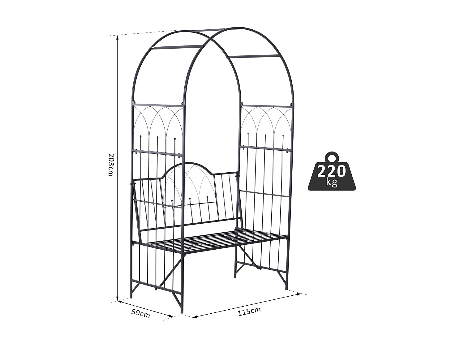 Arche à rosiers banc de jardin 2 places 2 en 1 dim. 115L x 59l x 203H cm métal époxy noir