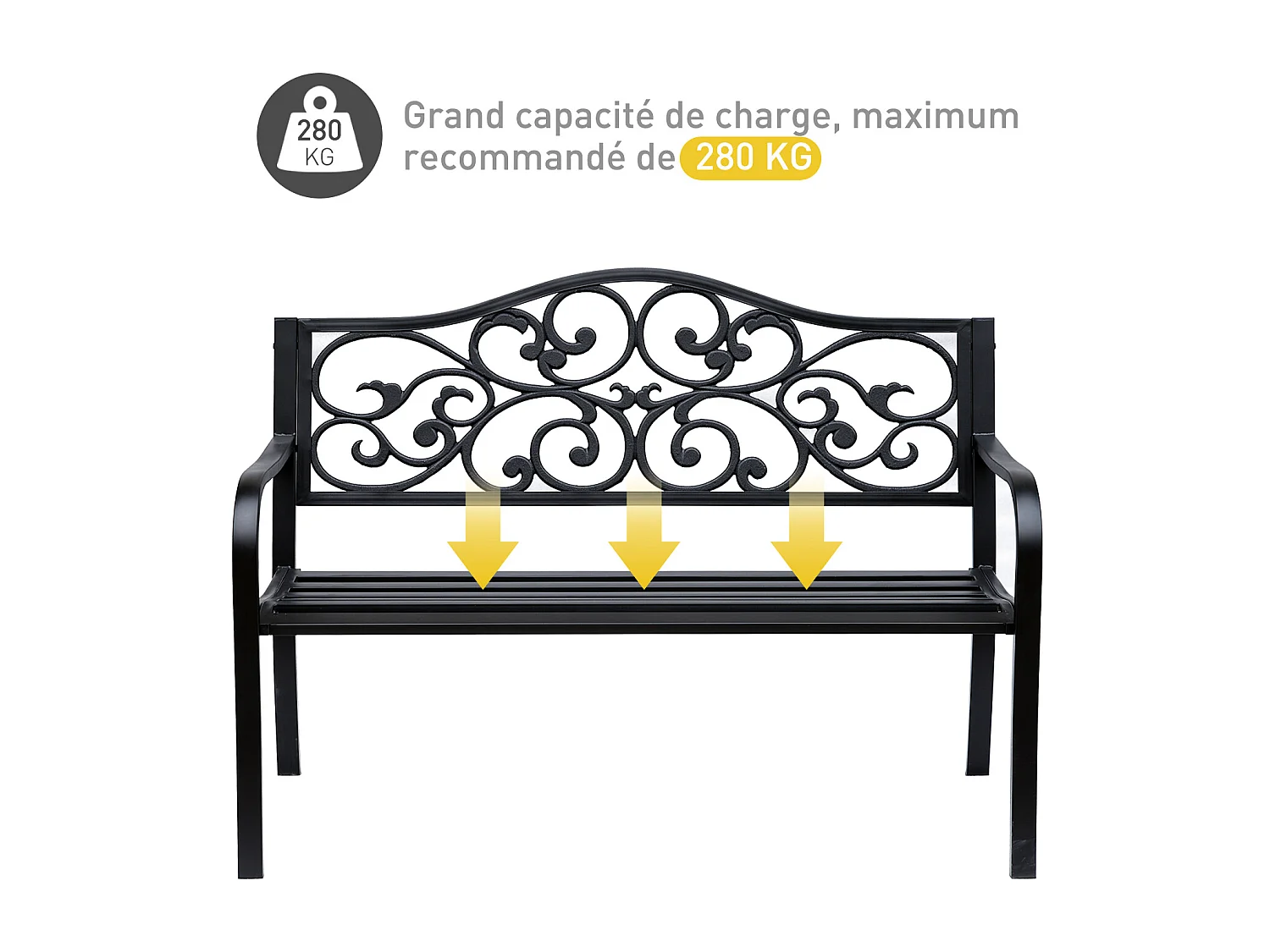Banc 3 places de jardin terrasse style cosy chic 127L x 60l x 89H cm métal époxy anticorrosion noir